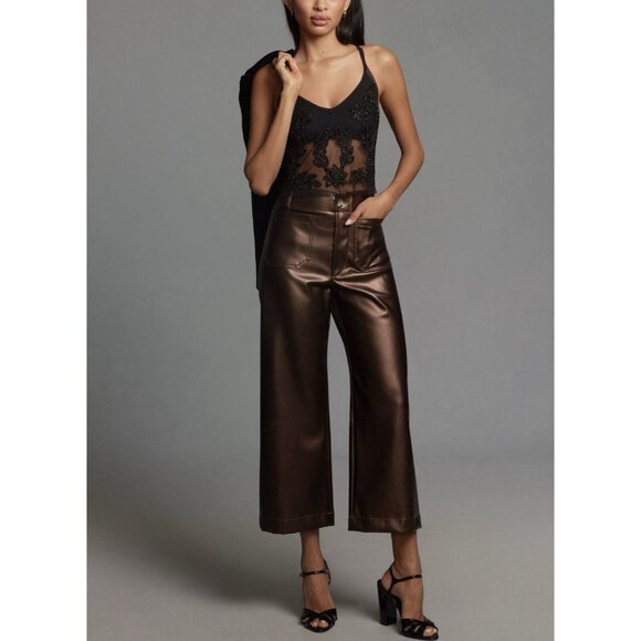 Anthropologie Maeve Colette Cropped Wide Leg Faux Leather Pants Womens 31 Brown